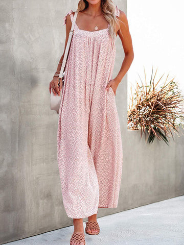 Woochic combinaisons imprimé à fleurie nœud sans manches femme mode salopette Rose poudré S